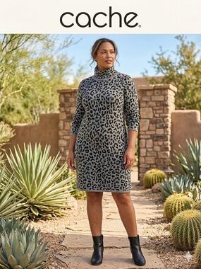 Cache Grey Leopard Print Knit Turtleneck Midi Dress